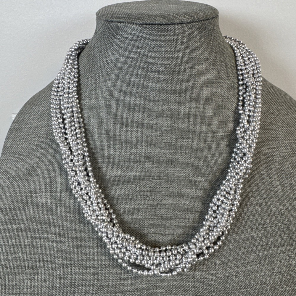 Vtg Multistrand Necklace Bright Silver Tone Bead Chunky Necklace 22"
